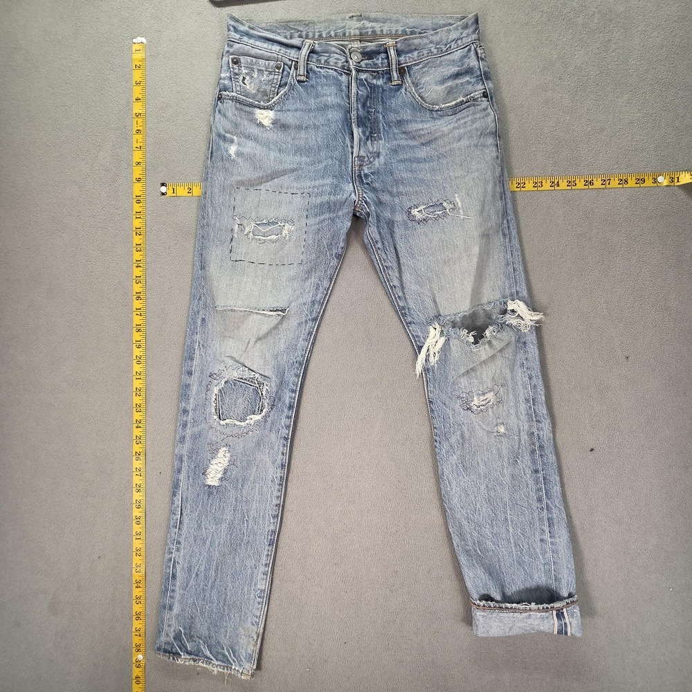 Levis 501 Jeans Mens Selvedge Light Wash Slim Tapered Thrashed Patch Fits 28x30
